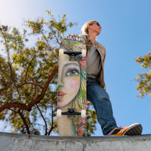 Whimsical Girl Colorful Abstract Artsy Cool Fun Skateboard