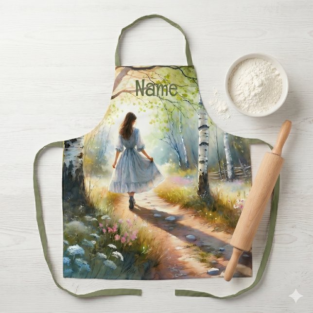 Whimsical Girl Dancing Through Birch Forest Apron (Whimsical Girl Dancing Through Birch Forest Apron)