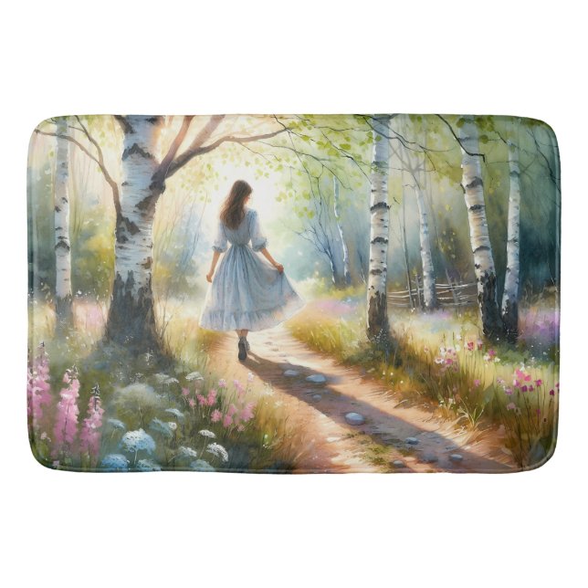 Whimsical Girl Dancing Through Birch Forest Bath Mat (Front)