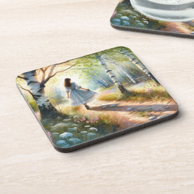 Whimsical Girl Dancing Through Birch Forest Beverage Coaster (Left Side)