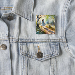 Whimsical Girl Dancing Through Birch Forest Button