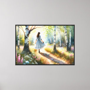 Whimsical Girl Dancing Through Birch Forest Canvas Print
