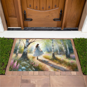 Whimsical Girl Dancing Through Birch Forest Doormat