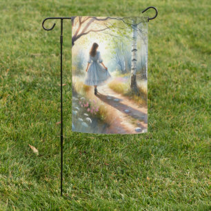 Whimsical Girl Dancing Through Birch Forest Garden Flag