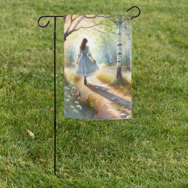Whimsical Girl Dancing Through Birch Forest Garden Flag (In SItu)