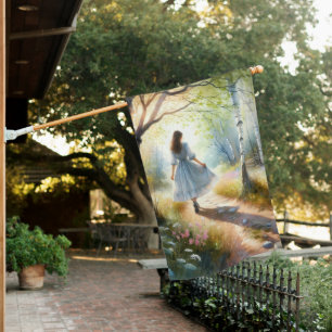 Whimsical Girl Dancing Through Birch Forest House Flag
