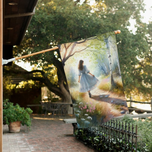 Whimsical Girl Dancing Through Birch Forest House Flag (In SItu)