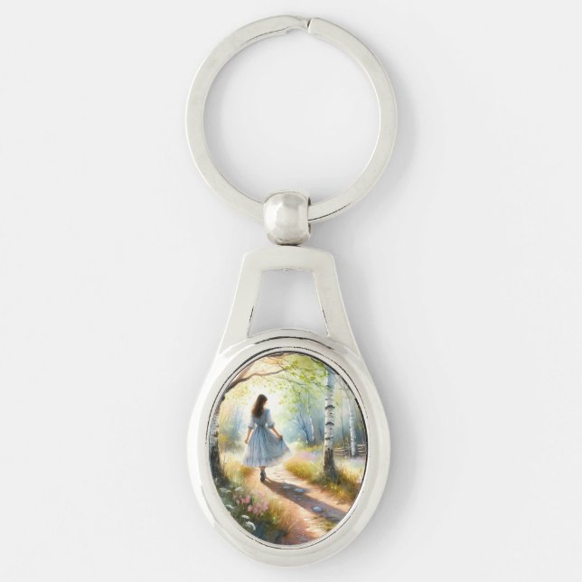 Whimsical Girl Dancing Through Birch Forest Keychain (Front)