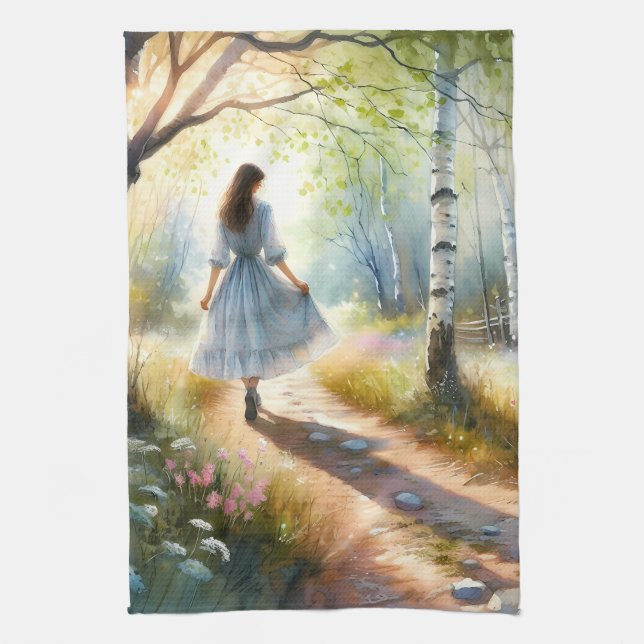 Whimsical Girl Dancing Through Birch Forest Kitchen Towel (Vertical)