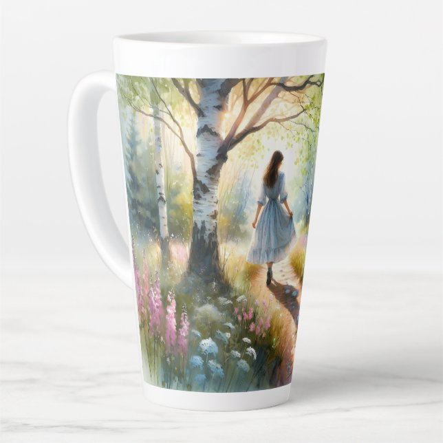 Whimsical Girl Dancing Through Birch Forest Latte Mug (Left Angle)