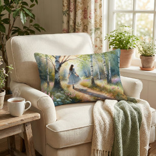 Whimsical Girl Dancing Through Birch Forest Lumbar Pillow