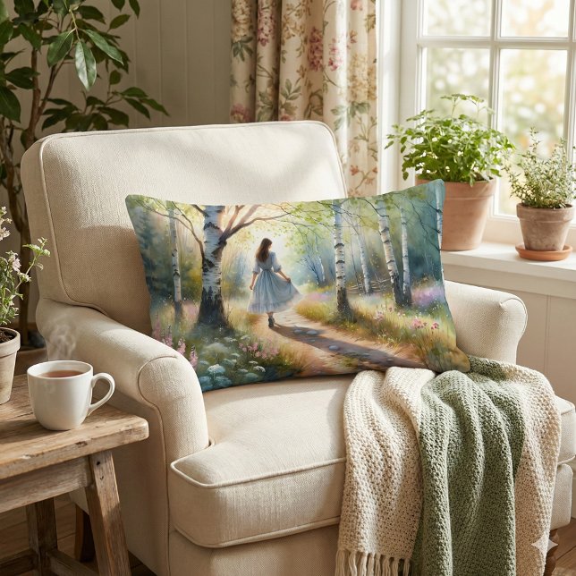 Whimsical Girl Dancing Through Birch Forest Lumbar Pillow (Whimsical Girl Dancing Through Birch Forest Lumbar Pillow Mockup A)