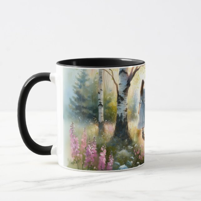 Whimsical Girl Dancing Through Birch Forest Mug (Left)