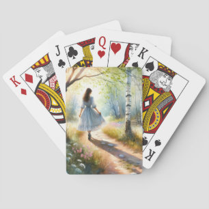 Whimsical Girl Dancing Through Birch Forest Poker Cards