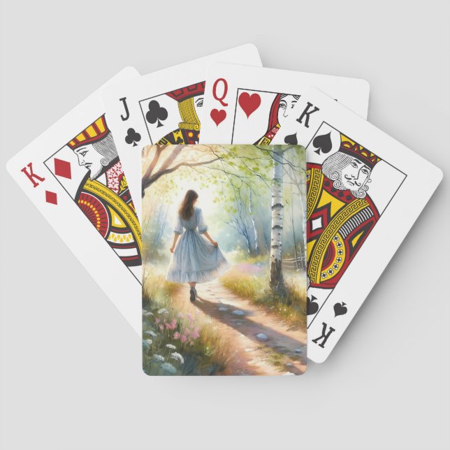 Whimsical Girl Dancing Through Birch Forest Poker Cards (Back)