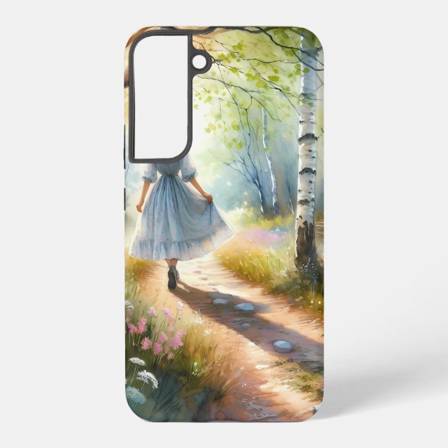 Whimsical Girl Dancing Through Birch Forest Samsung Galaxy Case (Back)