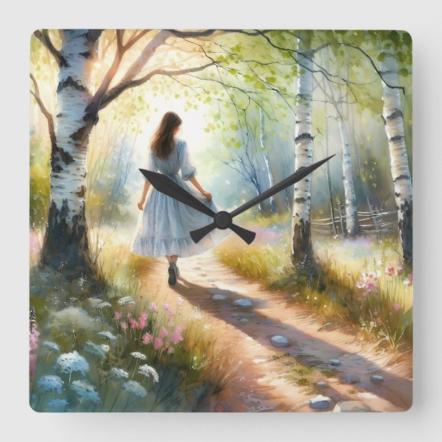 Whimsical Girl Dancing Through Birch Forest Square Wall Clock (Front)
