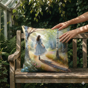 Whimsical Girl Dancing Through Birch Forest Throw Pillow