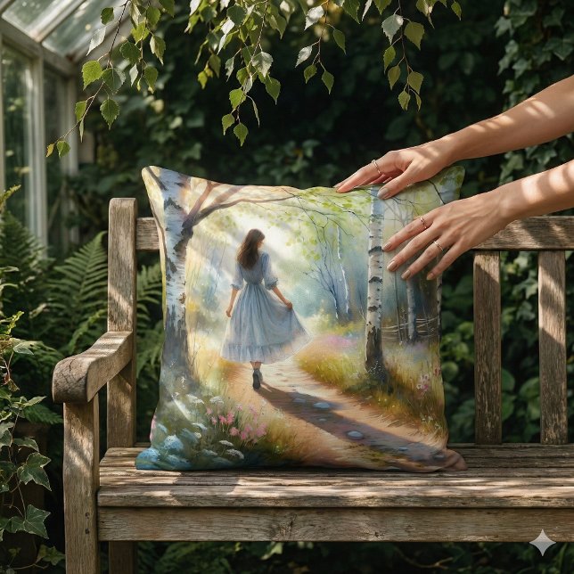 Whimsical Girl Dancing Through Birch Forest Throw Pillow (Whimsical Girl Dancing Through Birch Forest Throw Pillow Mockup A)