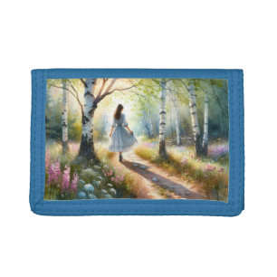 Whimsical Girl Dancing Through Birch Forest Trifold Wallet