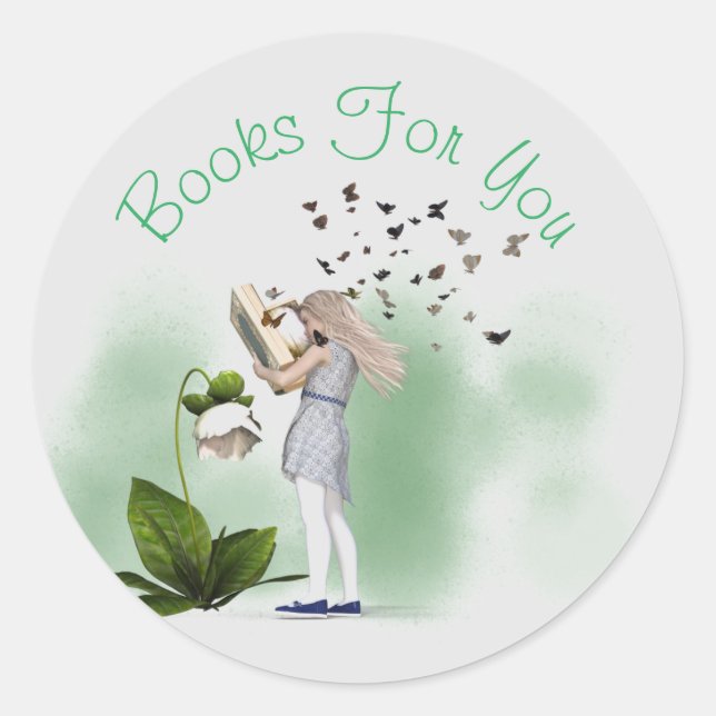 Whimsical girl design book business branding classic round sticker (Front)