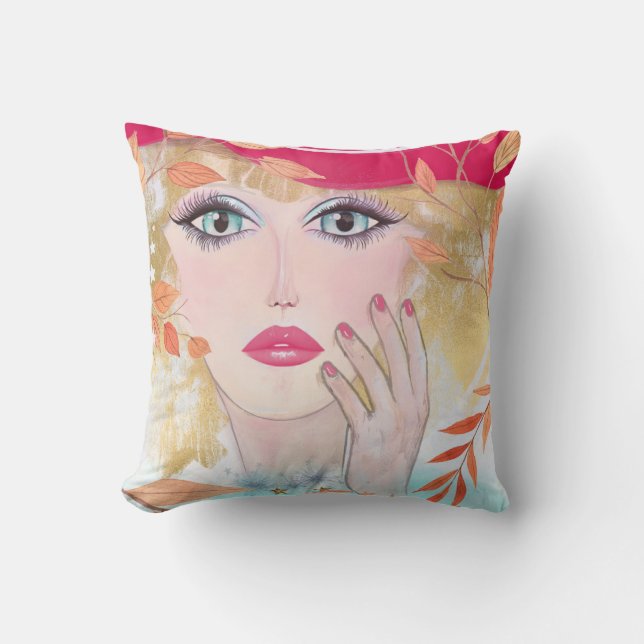 Whimsical Girl Face Hand Colorful Pink Throw Pillow (Front)