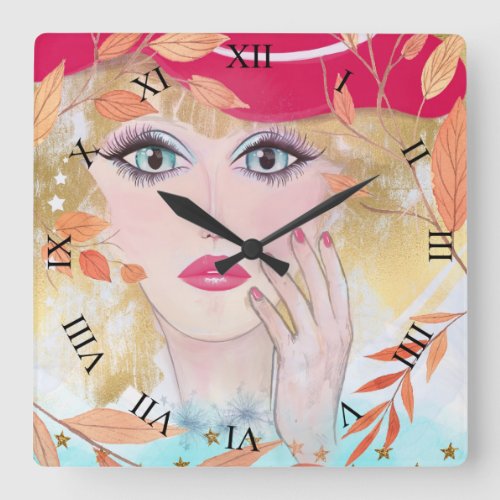 Whimsical Girl Face Hand Leaves Roman Numerals Square Wall Clock