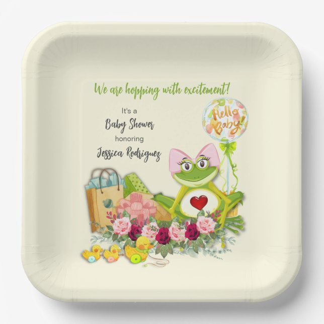 Whimsical Girl Frog Baby Shower Personalized Paper Plates (Front)