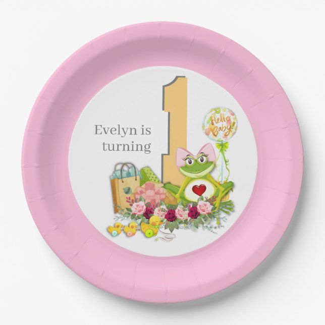 Whimsical Girl Frog | Personalized Birthday Paper Plates (Front)