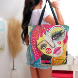 Whimsical Girl Hot Pink Hair Quirky Colorful Fun Tote Bag<br><div class="desc">This colorful mixed media original art piece features a quirky, whimsical girl with bright pink hair on a colorful abstract background of dusty blue and tangerine orange with pink, yellow, and green half circle shapes and black and white stripes and an assortment of doodles. This fun, artsy tote bag is...</div>