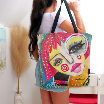 Whimsical Girl Hot Pink Hair Quirky Colorful Fun Tote Bag by MelroseOriginals at Zazzle