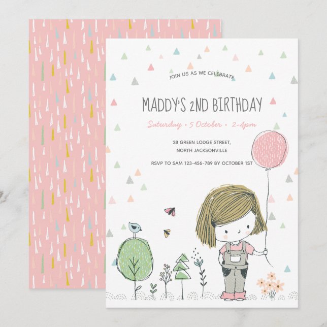 Whimsical Girl Kids Toddlers Birthday Invitation (Front/Back)