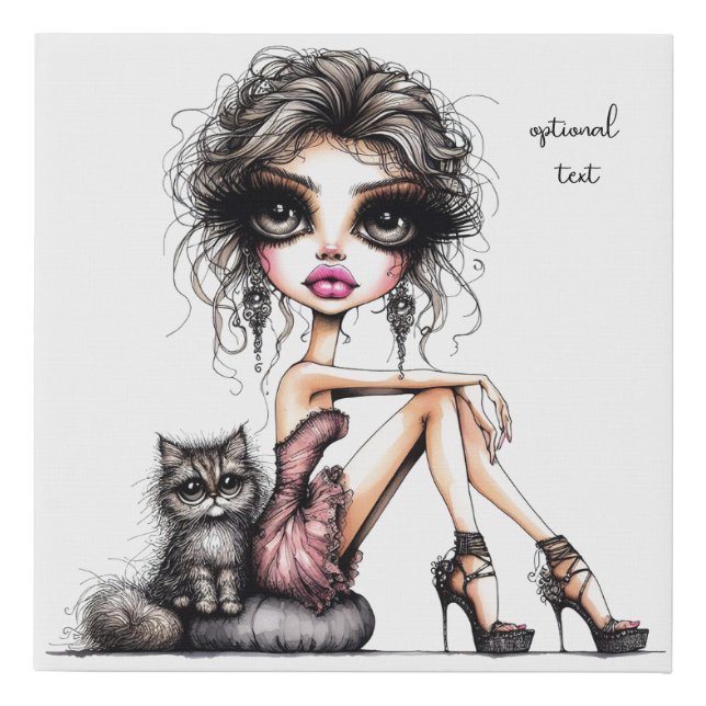 Whimsical Girl Large Eyes With Cat  Faux Canvas Print (Front)