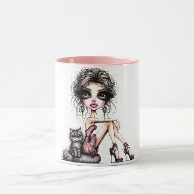 Whimsical Girl Large Eyes With Cat  Mug (Center)