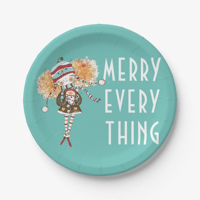 Whimsical Girl Merry Everything  Christmas  Paper Plates (Front)