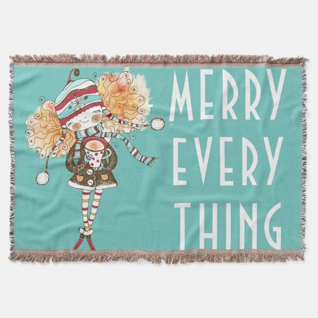 Whimsical Girl Merry Everything  Christmas  Throw Blanket (Front)