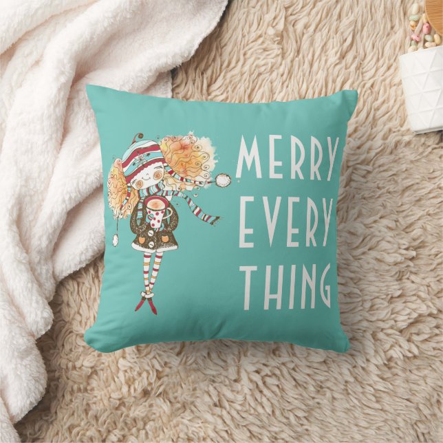 Whimsical Girl Merry Everything  Christmas  Throw Pillow (Blanket)