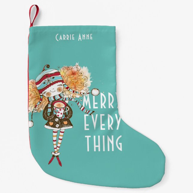Whimsical Girl Merry Everything Personalized Small Christmas Stocking (Front)