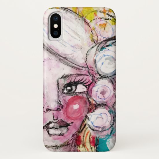 Whimsical Girl Mixed Media Painting Blue Yellow iPhone XS Case