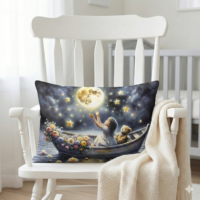 Whimsical Girl Moon Dream Fantasy Scene Lumbar Pillow (Whimsical Girl Moon Dream Fantasy Scene Lumbar Pillow Mockup A.)