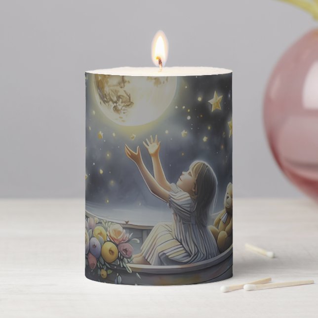 Whimsical Girl Moon Dream Fantasy Scene Pillar Candle (In Situ)