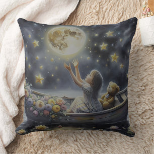 Whimsical Girl Moon Dream Fantasy Scene Throw Pillow