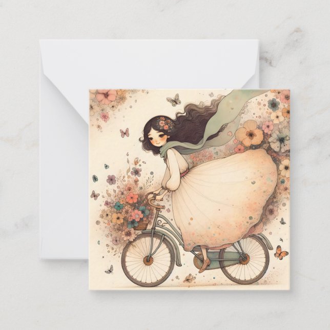 Whimsical Girl on a Bicycle Note Card (Front)