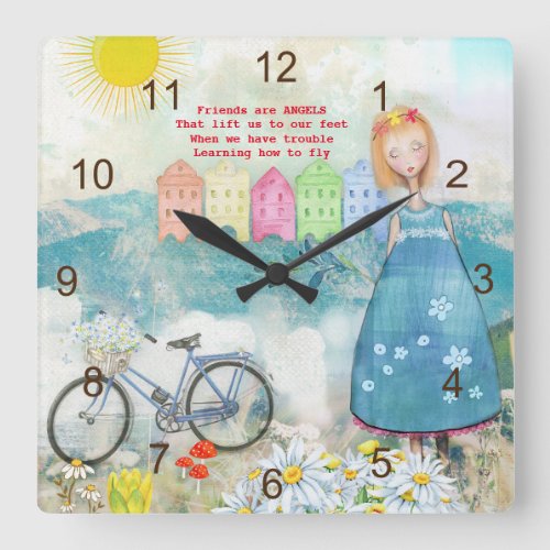 Whimsical Girl Painting Friends Are Angels Quote Square Wall Clock