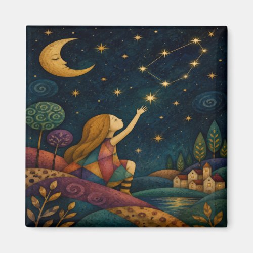 WHIMSICAL GIRL REACHING FOR STARS MAGNET