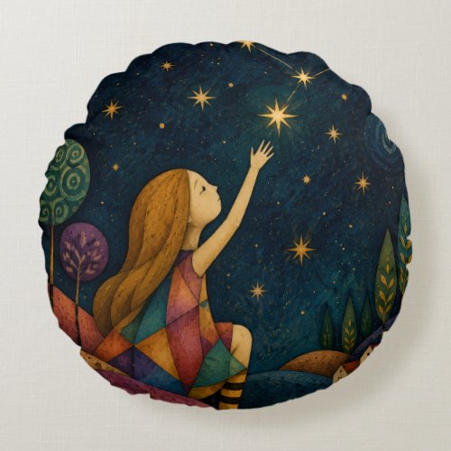WHIMSICAL GIRL REACHING FOR STARS ROUND PILLOW