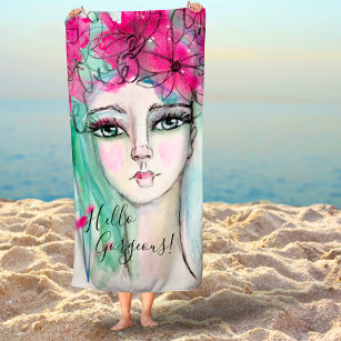 Whimsical Girl Watercolor Flower Crown Pink Blue Beach Towel