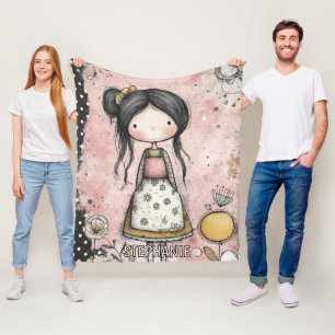 Whimsical Girl Watercolor with Floral Accents (8) Fleece Blanket