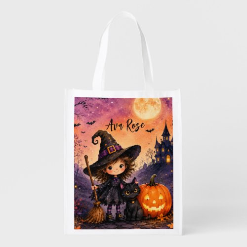 Whimsical Girl Witch Halloween Birthday Party Grocery Bag