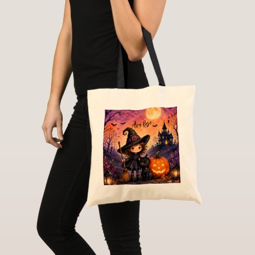 Whimsical Girl Witch Halloween Birthday Party Tote Bag